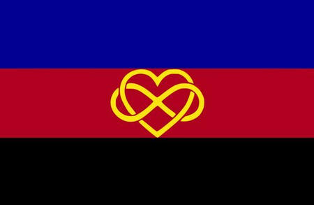 polyamorous a flag that has three stripes, blue, red, and black. the middle symbol is a heart with an infinity symbol through it.